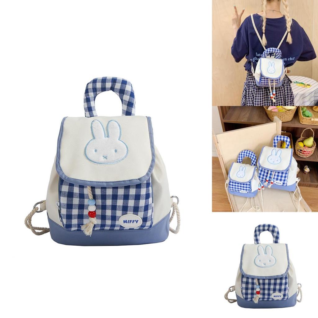 Cartoon Bunny Checkered Pattern Girl Mini Backpack With Nylon Material For Casual Day Use