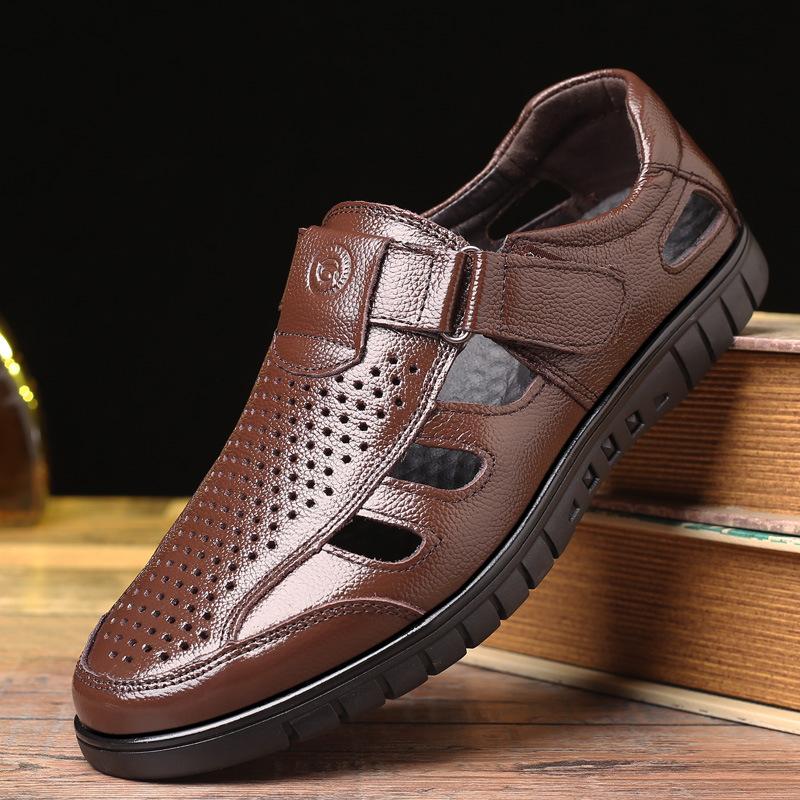 Sandale din piele pentru bărbați în pantofi cu găuri respirabile pentru vârstnici, pantofi de tată cu goluri antiderapante, pantofi de piele cool pentru bărbați