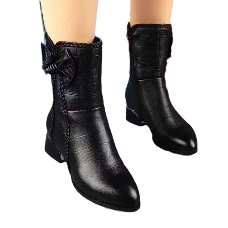 Dámské podzimní a zimní nové boty z pravé měkké kůže s krátkým svrškem, boty Martin střední délky s měkkou kůží, univerzální střední podpatek, sametové boty