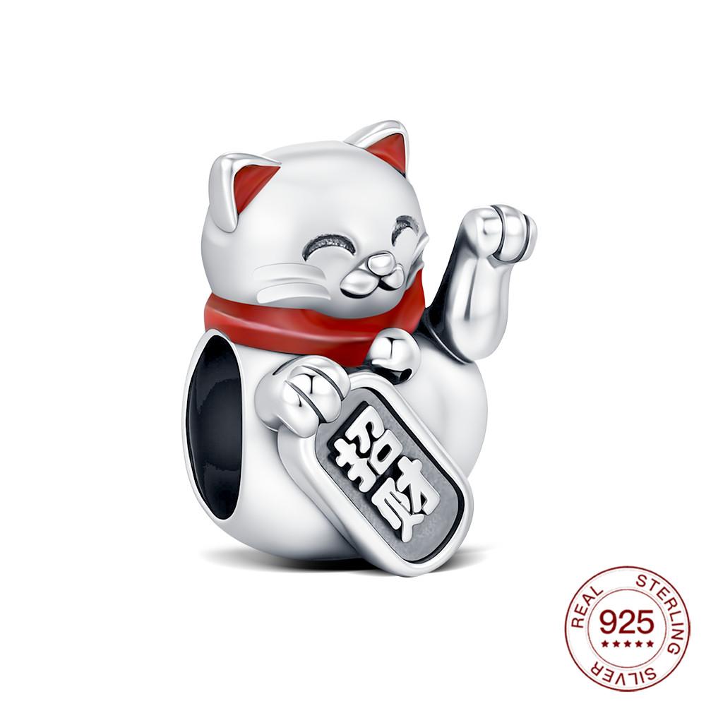 

925 Silver Charm Lucky Cat Beaded For Bracelet DIY Jewelry Pendant Holiday Decoration Lady Fashion Party