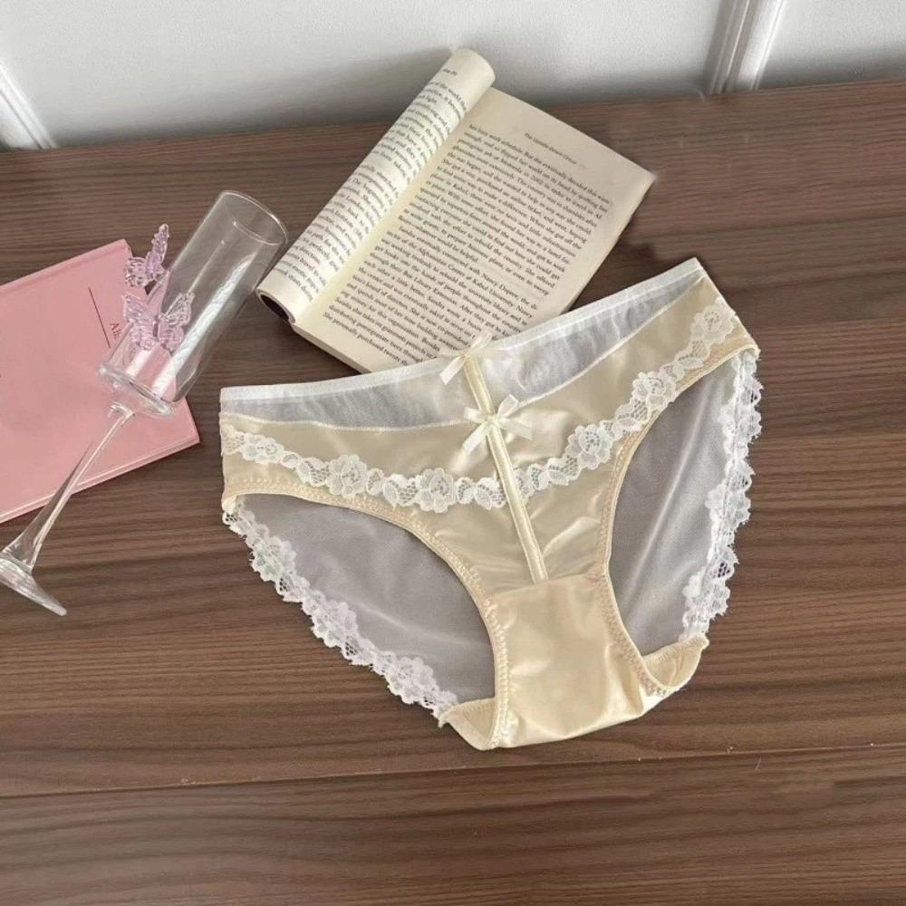 Bow Underwear for Women Transparent Mesh Lace Briefs Lingerie Lace Flower Panties  Lady