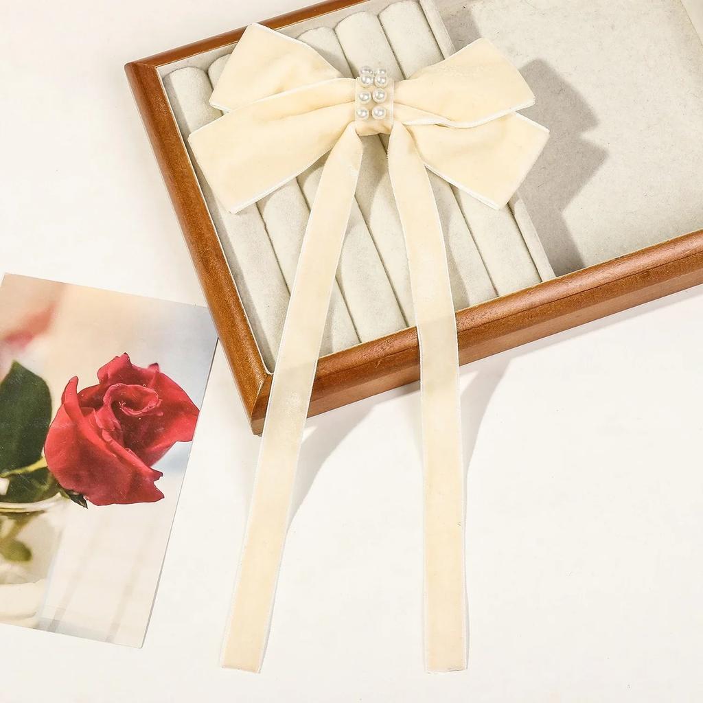 Velvet Ribbon with Pearl Korean Hair Clips for Women Elegant Long Tassel Large Bows Girls Hairpin Accessories Autumn Winter New
