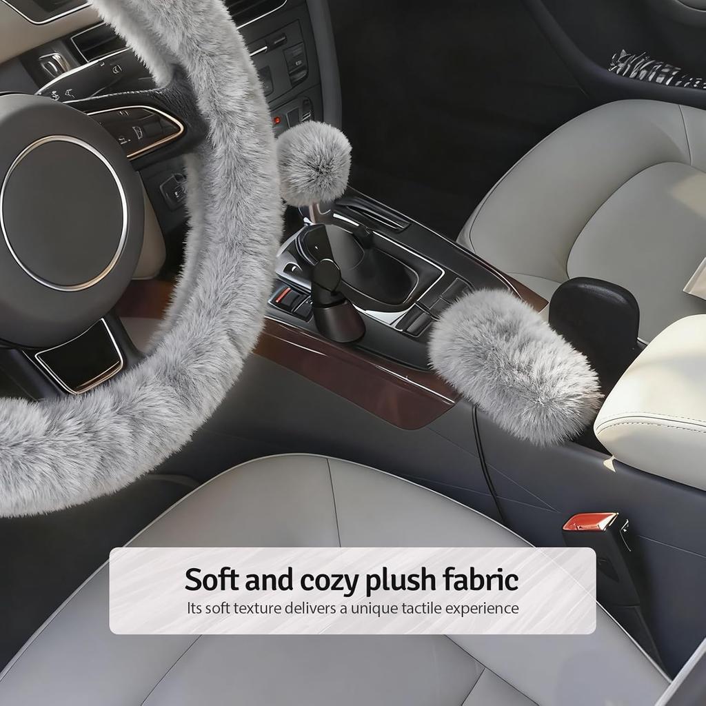 Fluffy Steering Wheel Cover 3PCS Set – Plush Fuzzy Fur Steering Wheel Cover with Gear Shift Cover & Handbrake Cover, Winter Warm Car Accessories,