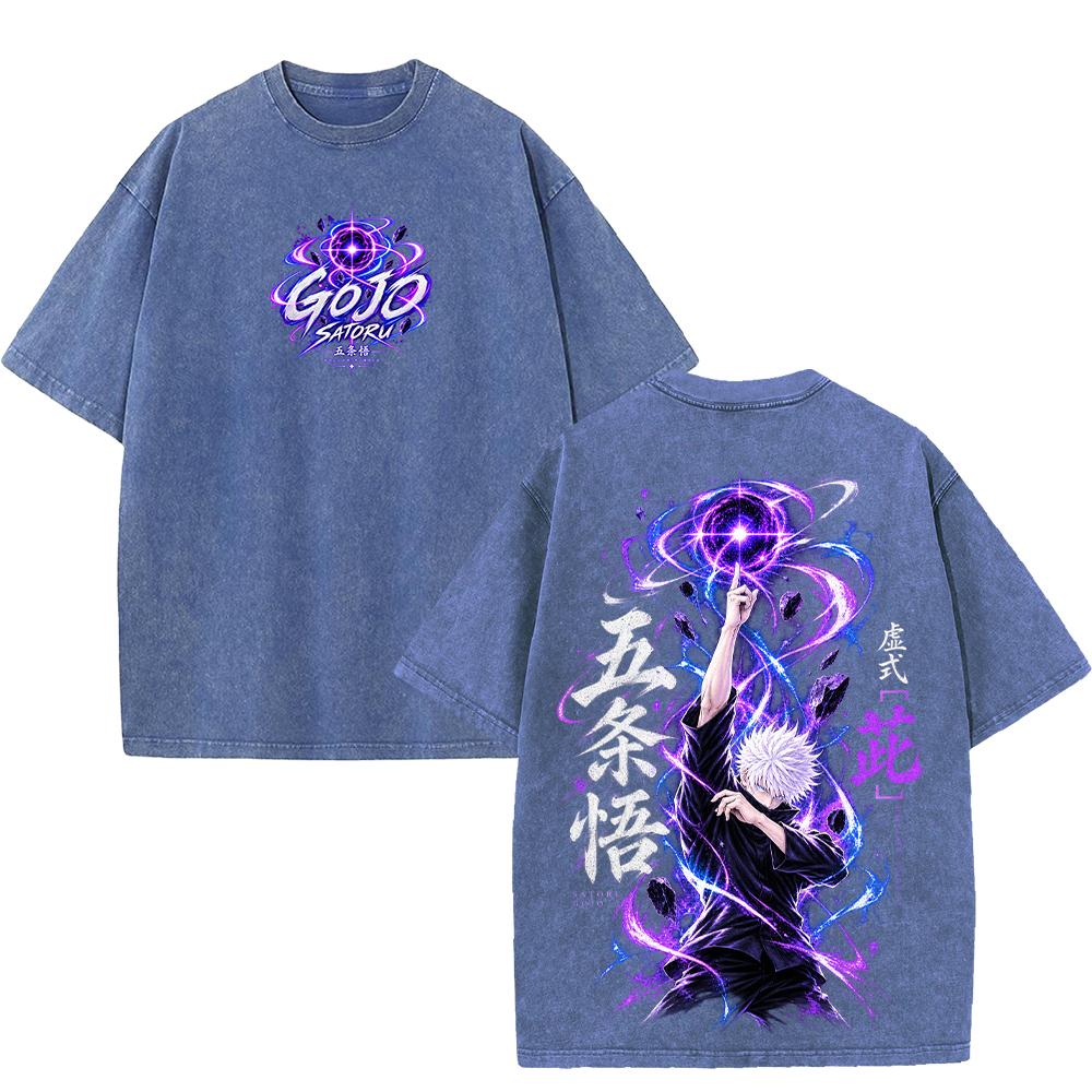 Jujutsu Kaisen Anime T-shirt Satoru Gojo Vintage Washed Oversized T Shirt Short Sleeve 100% Cotton Tees Tops Men Women Clothing
