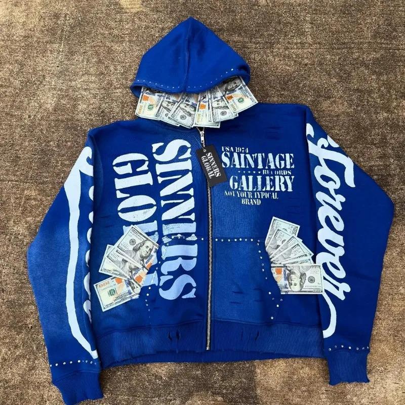 Europäischer und amerikanischer ins personalisierter NOFS bedruckter Pullover Hoodie Set Retro Jacke Street Trend y2k