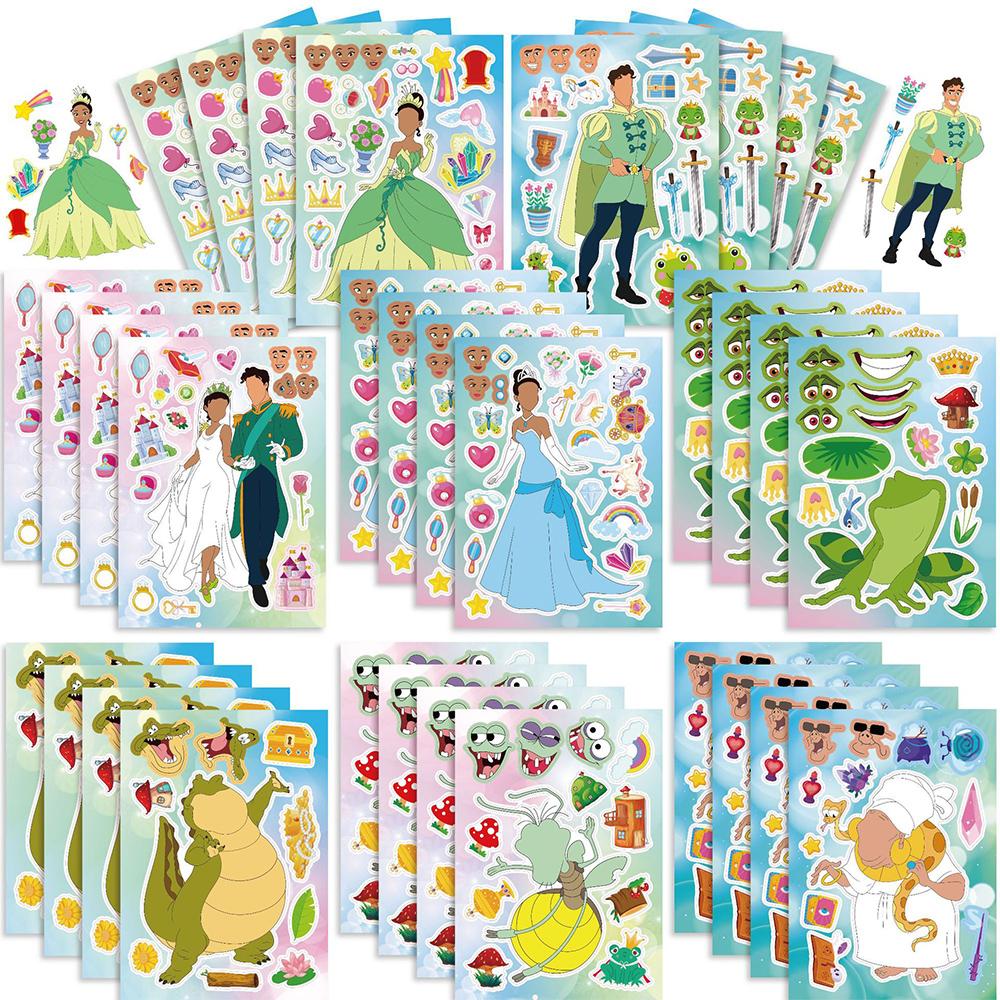 8/16Sheets Cute Tiana Princess Make a Face Stickers The Princess and the Frog Cartoon Puzzle Assemble Jigsaw Toys Gift