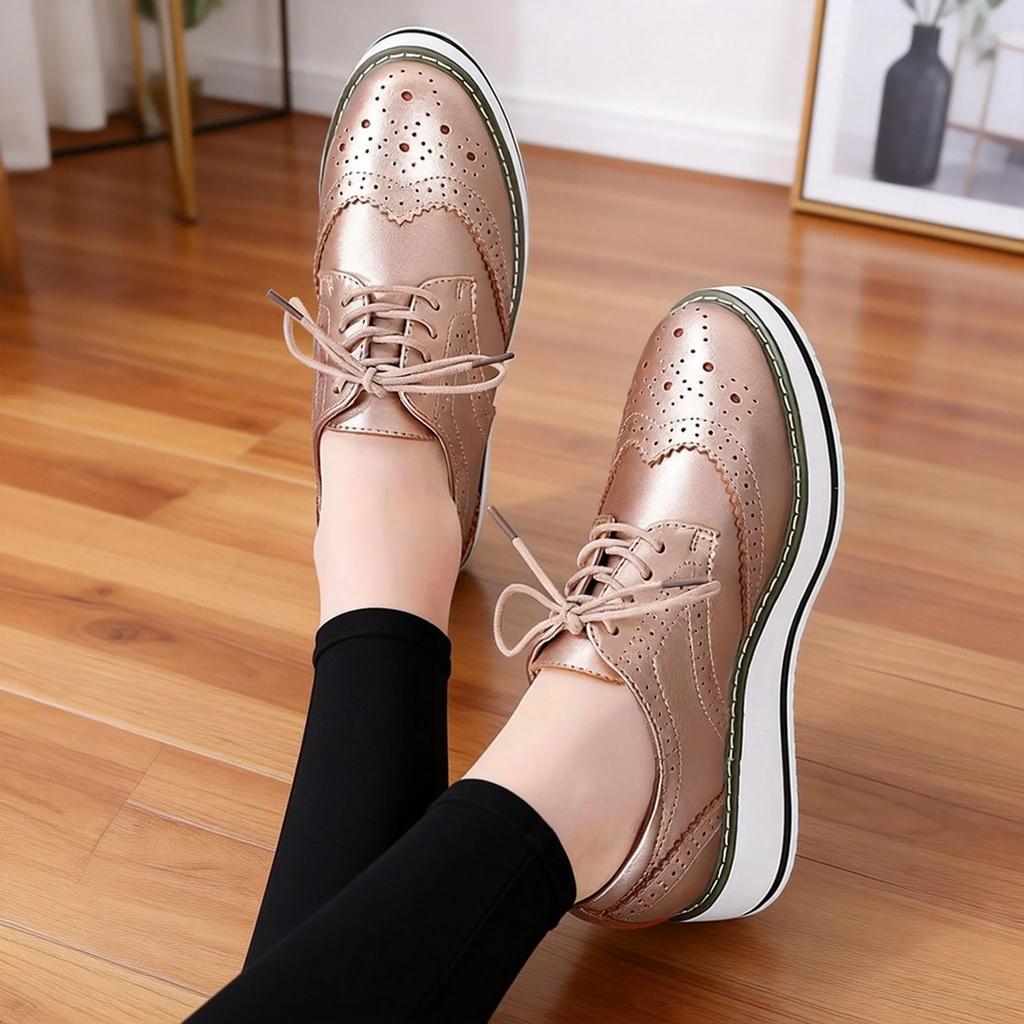 Women's Oxford Flats - Genuine Leather Wingtips Lace-Up Comfort Brogue Derby Patent Platform Casual Shoes for Spring Autumn
