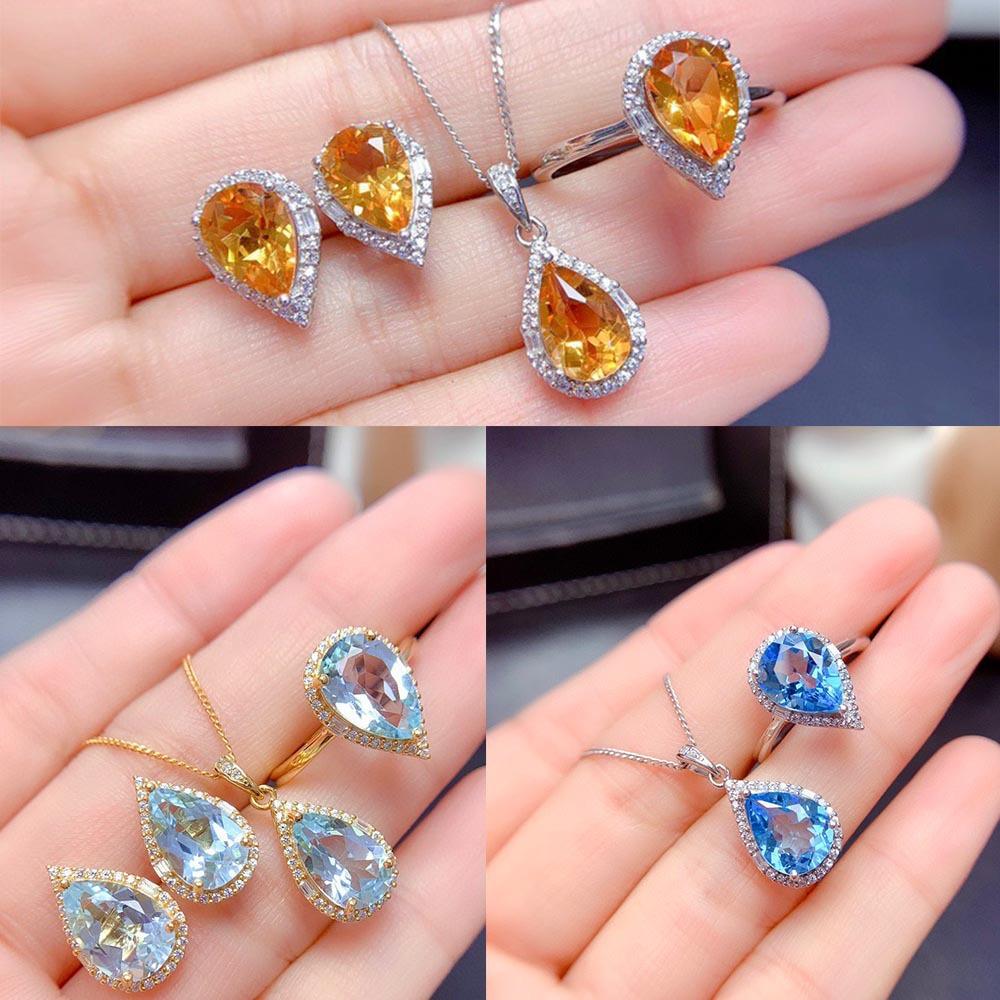 Imitation Natürlicher Schweizer Blautopas Set, Ring Anhänger, Ohrringe, Wassertropfen Stil, Glücklicher Citrin Halskette Für Damen