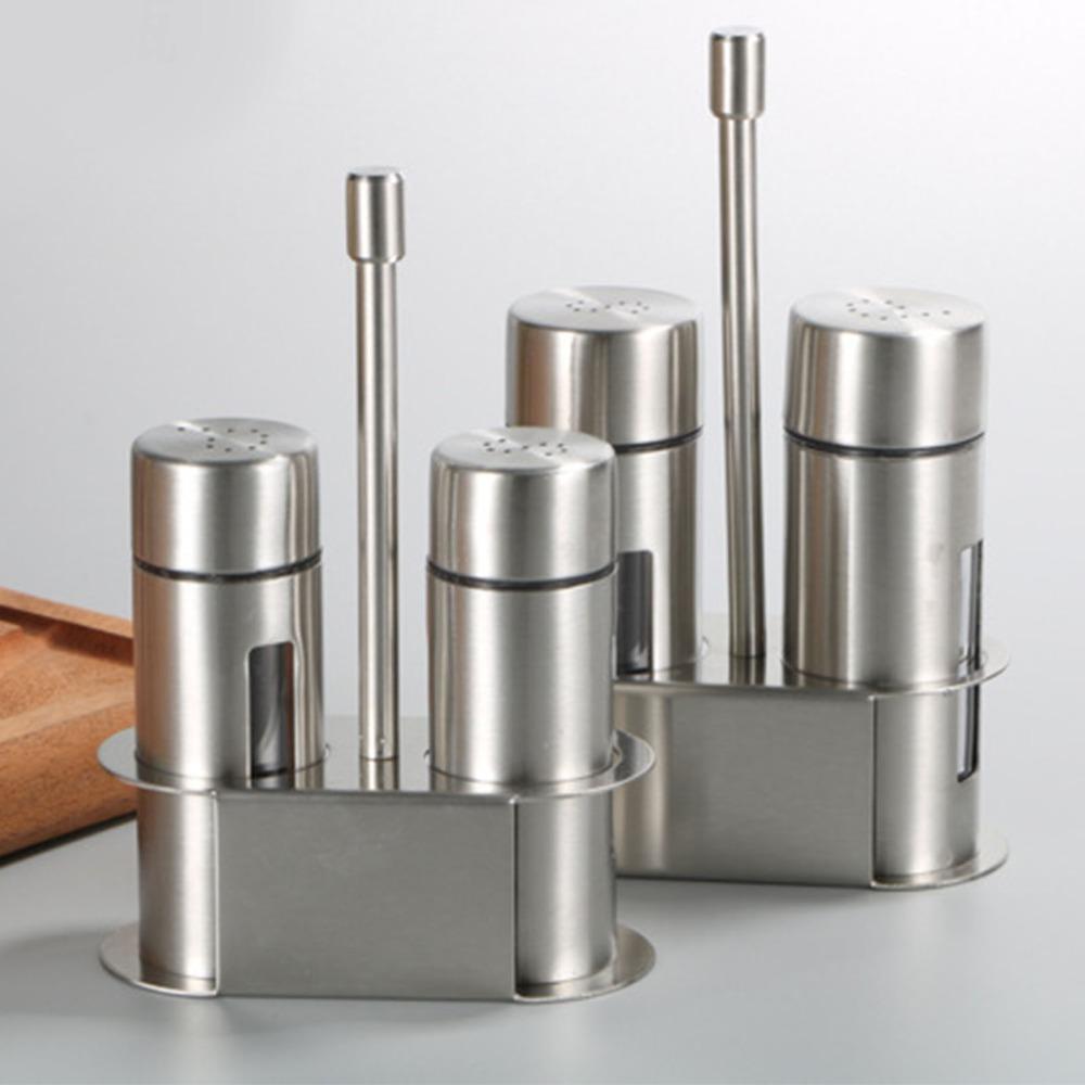 2pcs With Base Stand Salt And Shakers 304 Stainless Steel Spice Dispenser Set  For Kitchen