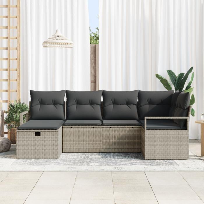 Ensemble de canapé de jardin 6 pièces avec coussins gris clair en rattan poly, Canapé de jardin 2 places avec rangement et 3360513