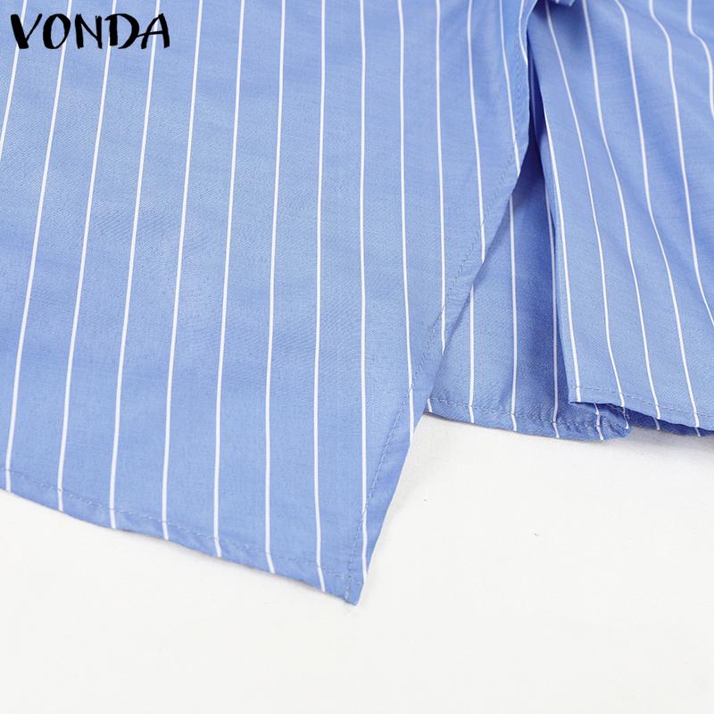 VONDA Women Autumn V-Neck Striped 3/4 Sleeve Button Trim Shirts