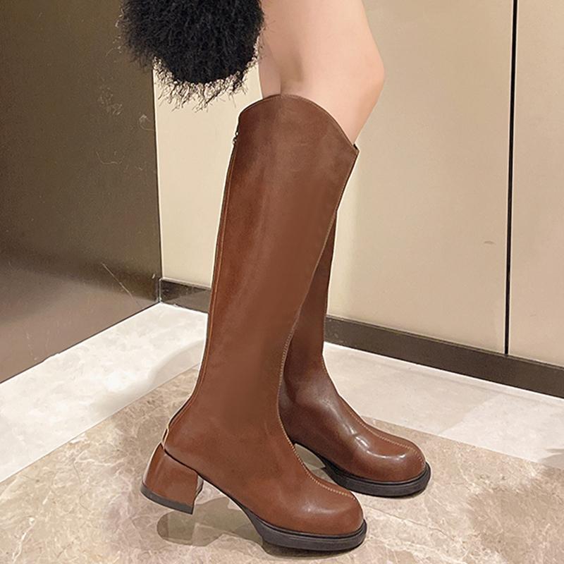 Winter Women High Boots Leather Mid Heels Shoes Knee High Chunky Motorcycle Boots 2024 Trend New Fashion Pumps Botas De Mujer
