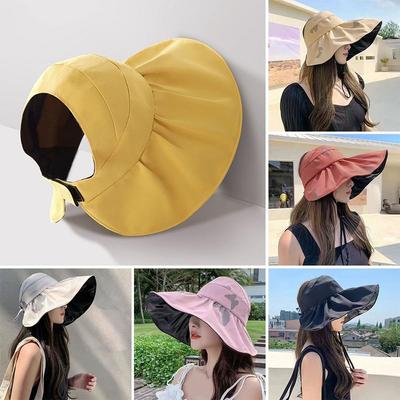 Women Empty Top Wide Brim Panama Hat UV Protection Bucket Hat Sunshade Hat Sun Cap Beach Cap