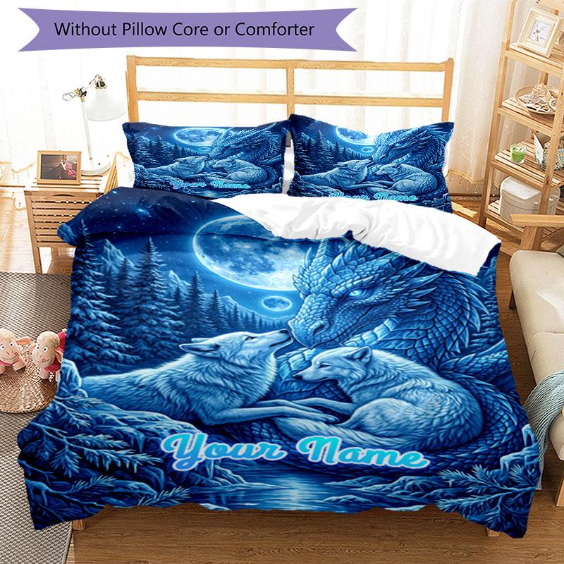 3PC Custom Name Wolf Dragon Night Bedding Set Duvet Cover Closure Includes 1 Duvet Cover & 2 Pillowcases for Bedroom