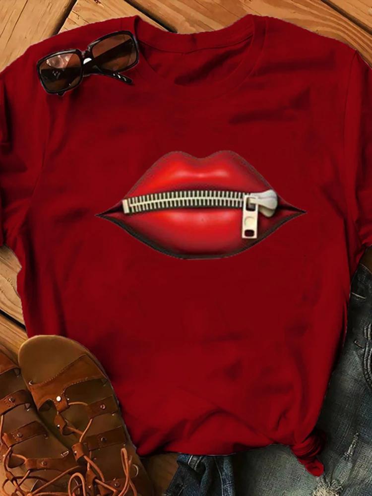 Zipper Lip Print T Shirt Women Short Sleeve O Neck Loose Tshirt Summer Women Tee Shirt Tops Camisetas Mujer
