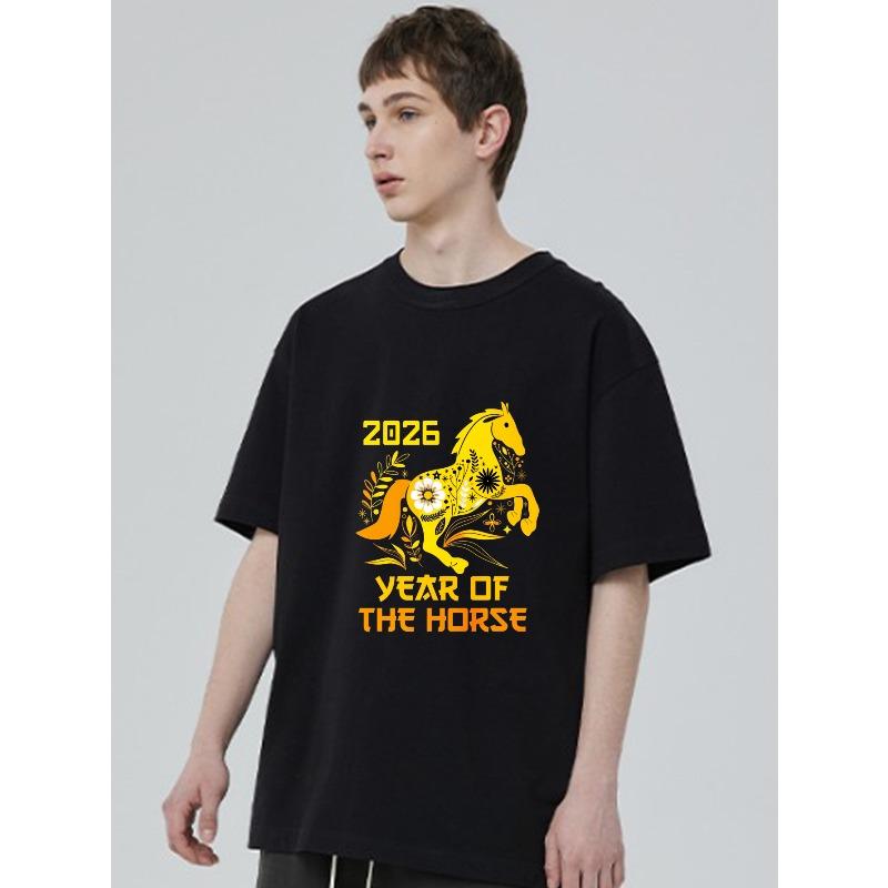 Zwart T-shirt Met 2026 Jaar van het Paard Bloemenontwerp Voor Casual Kleding