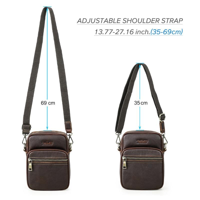 Men Top Grain Crazy Horse Leather Crossbody Bag Multi-Zipper Pockets Vintage Texture