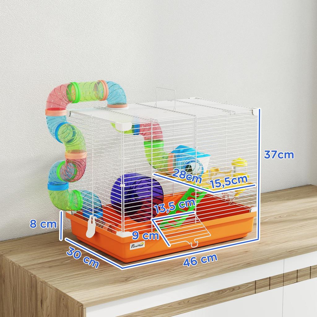 Hamster Cage, 2-Level, Tunnel, Water Bottle, Wheel, House, Ladders, 46 x 30 x 37 cm, Orange