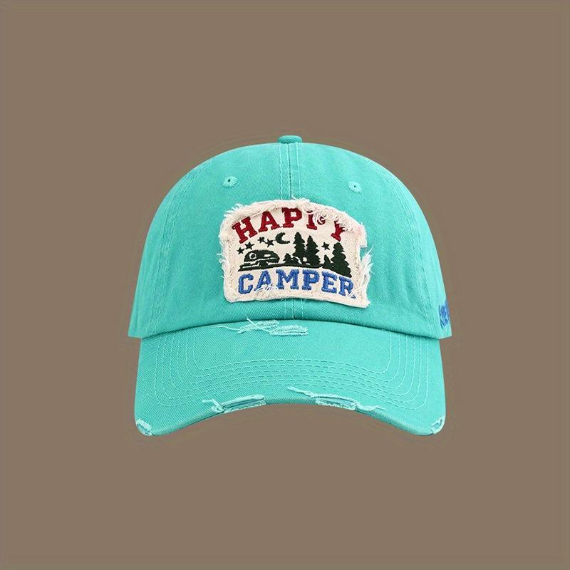 Happy Camper Patchwork Baseball Cap Adjustable Snapback Lightweight Polyester Distressed Design with Forest Campfire Graph
