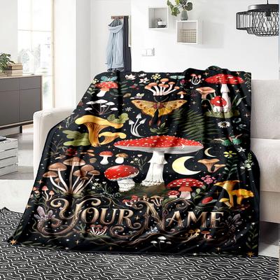 Name Custom Mushroom Print Flannel Blanket High Quality Warm Comfortable Cover for All Seasons Perfect for Gifts Home Decor