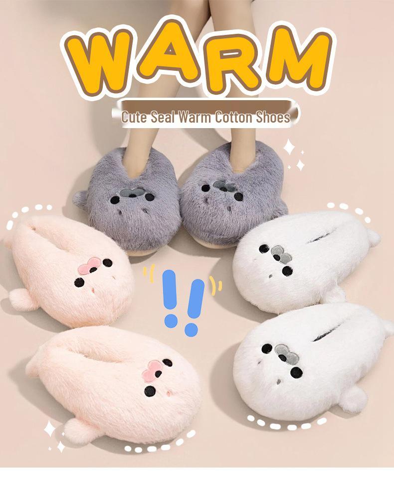 Adorable Cartoon Sea Lion Plush Slippers - Warm, Non-slip Cotton for Men and Girls