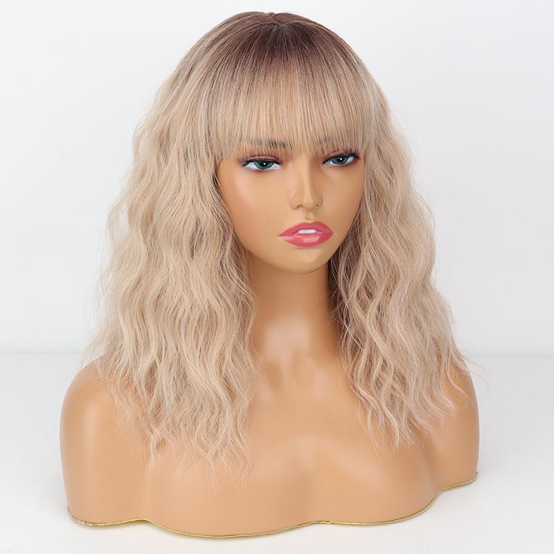 LISI HAIR Rose Red Short Wavy Wig with Bangs Synthetic Fiber Shoulder Length Fashion Cosplay Daily Wear Natural Wavy Wig