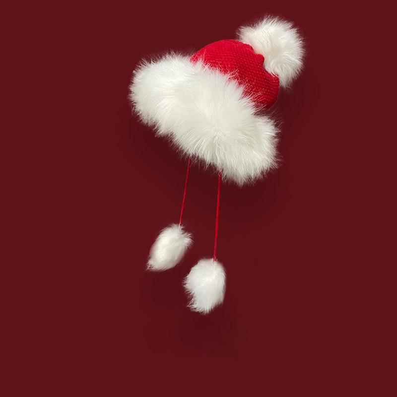 Damen Rote Bommel Strick Lei Feng Mütze - Warmer Samt, Modische Ohrenschutz Skimütze für Weihnachten & Neujahr.