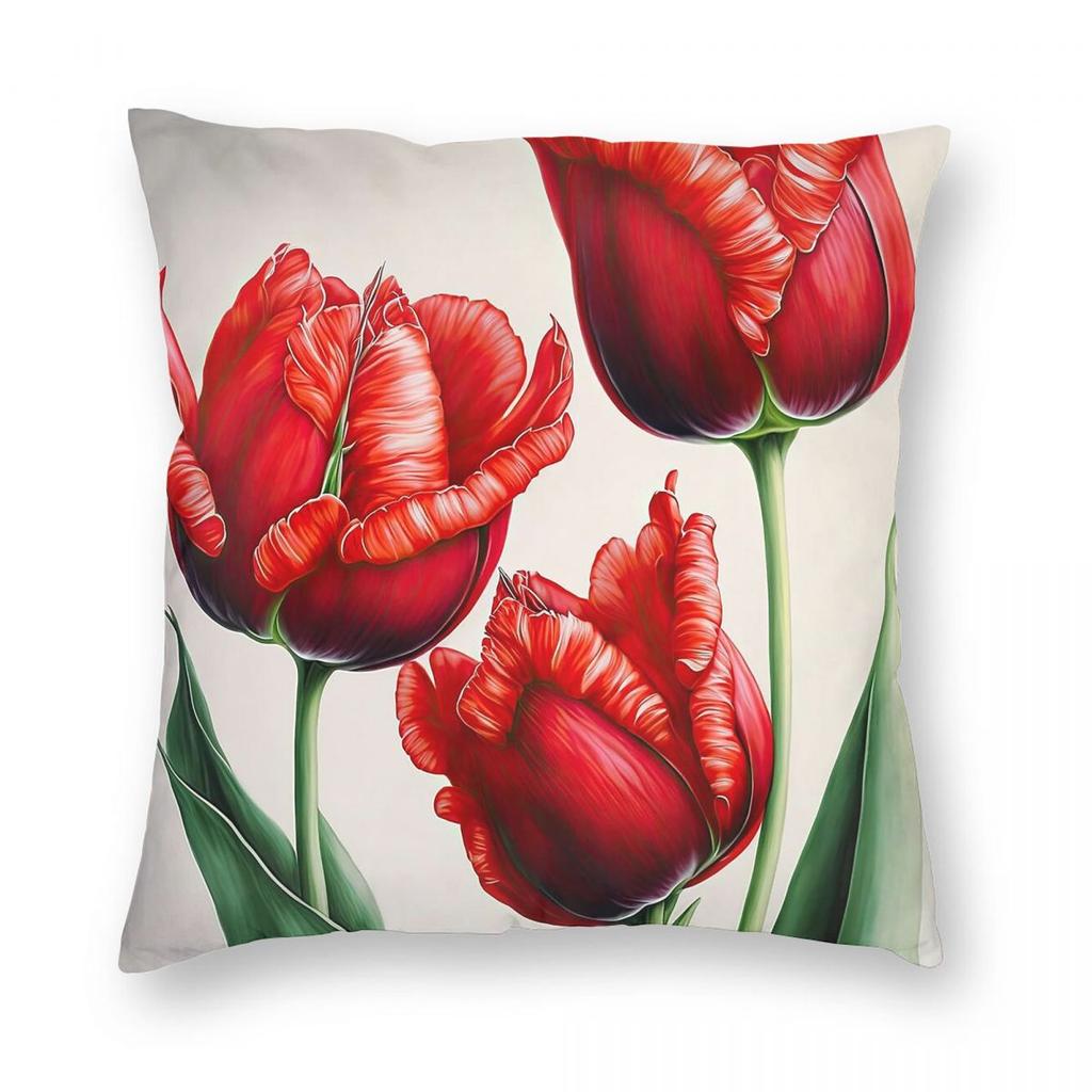 Red Tulip Floral Square Pillowcase Polyester Linen Velvet Printed Zip Decorative Throw Pillow Case Room Cushion Case X
