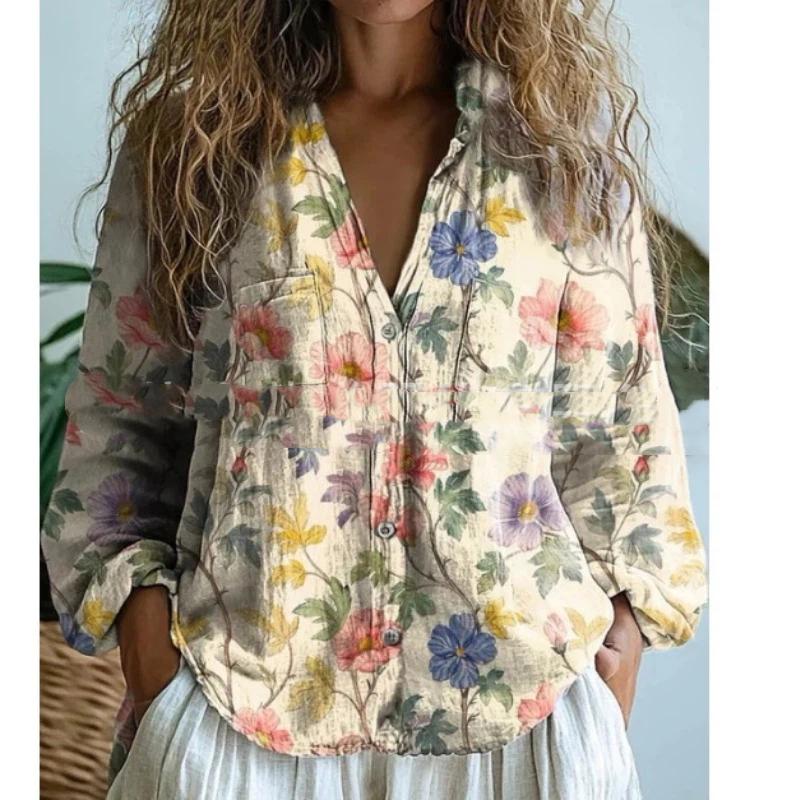 Women Vintage Floral Print V Neck Ruffle Collar Long Sleeve Button Down Blouse With Pockets