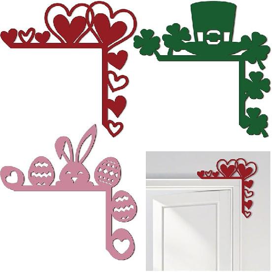 3 Pcs Valentine s Day Door Corner Sign Wooden St.Patrick Day Easter Topper Decor Shamrock Door Frame Heart Valentines Wall Decor Easter Egg Frame a