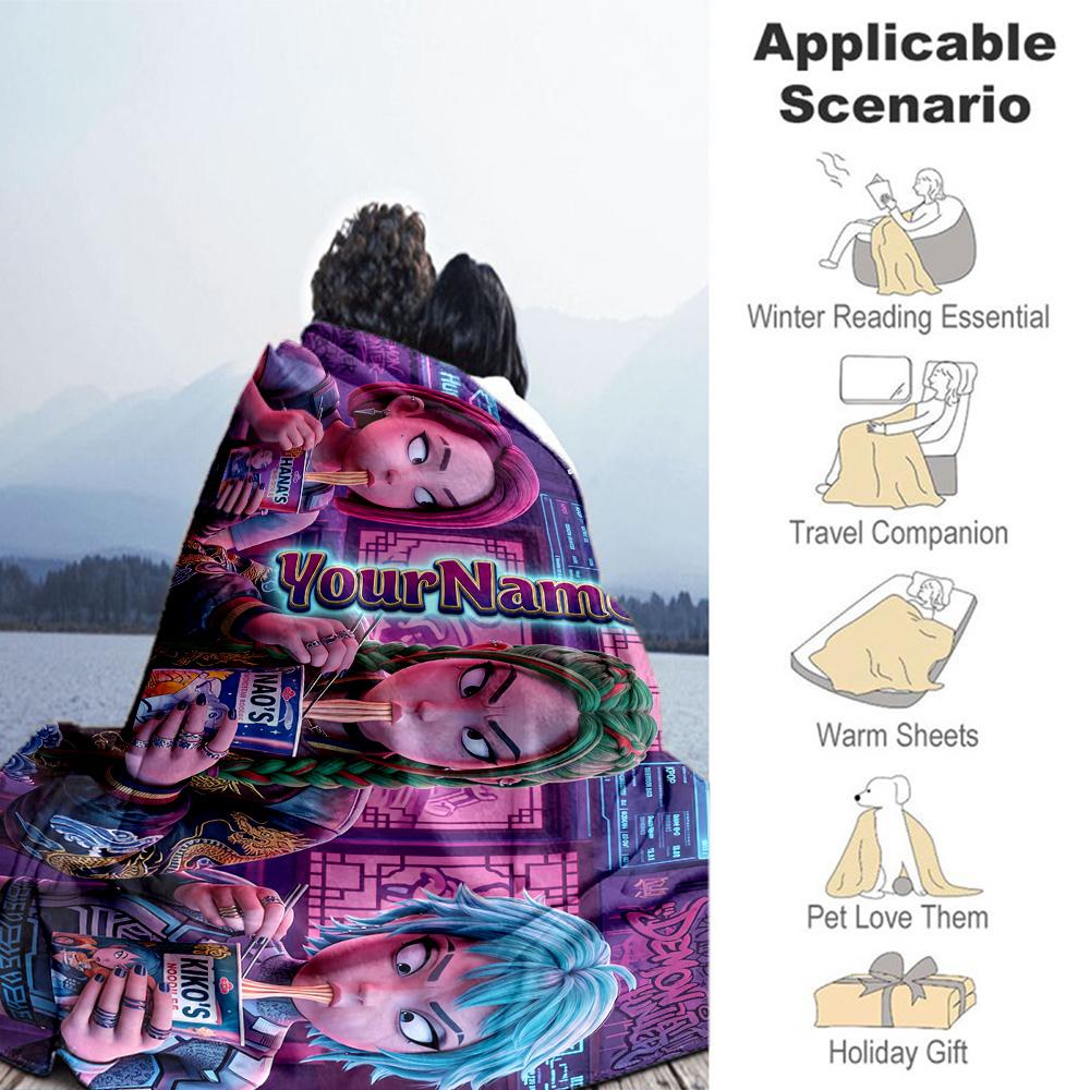 Demon Hunter Girls 3 Customize Your Name Blanket Throw Personalized Blanket Comfortable Versatile for Office Chair Bedding Nap Ideal for All Seasons