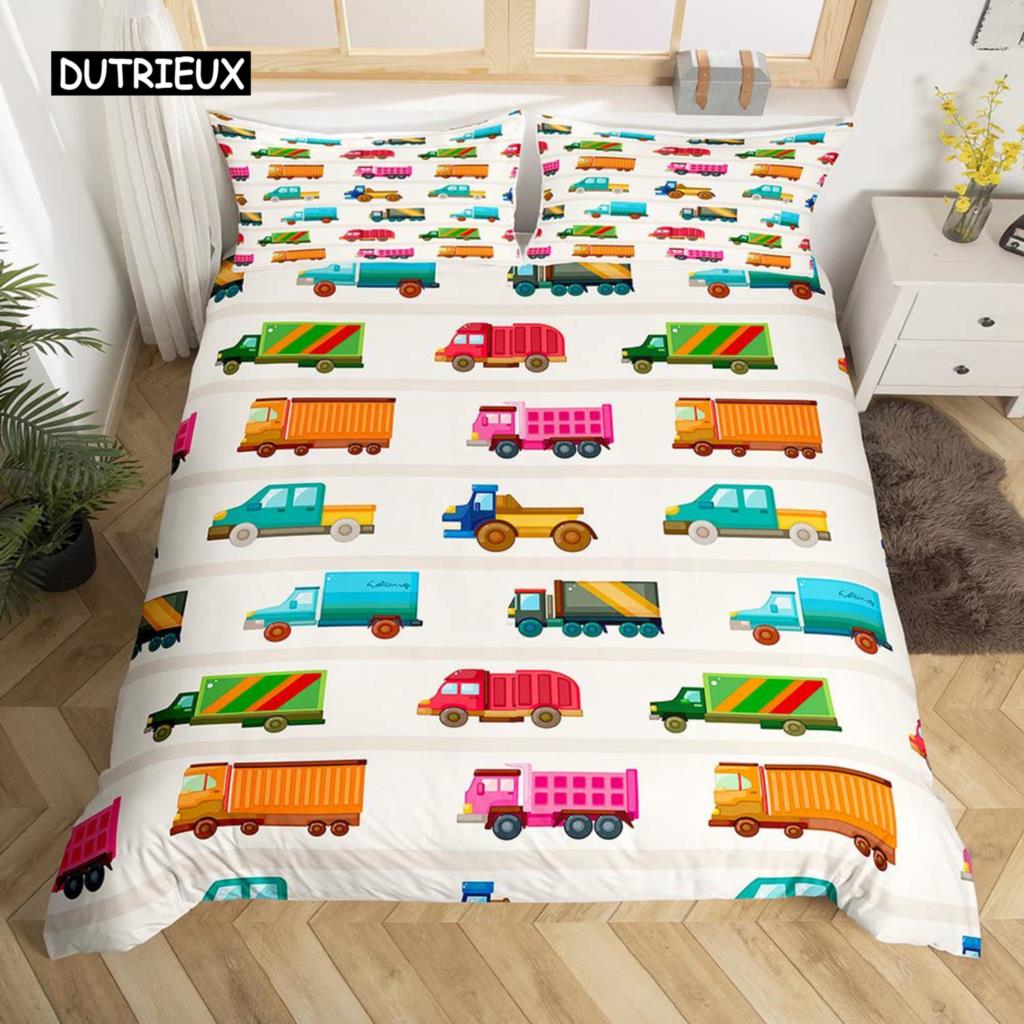 LKW Bagger Bettbezug Set Queen Size für Kinder Kinderzimmer Cartoon Traktor Baufahrzeug Konstruktionsthema Bettwäscheset