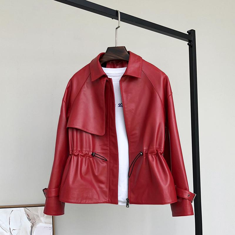 2023 Women’s Slim Genuine Leather Motorcycle Jacket – Short, High-Waisted Sheepskin for Spring/Autumn