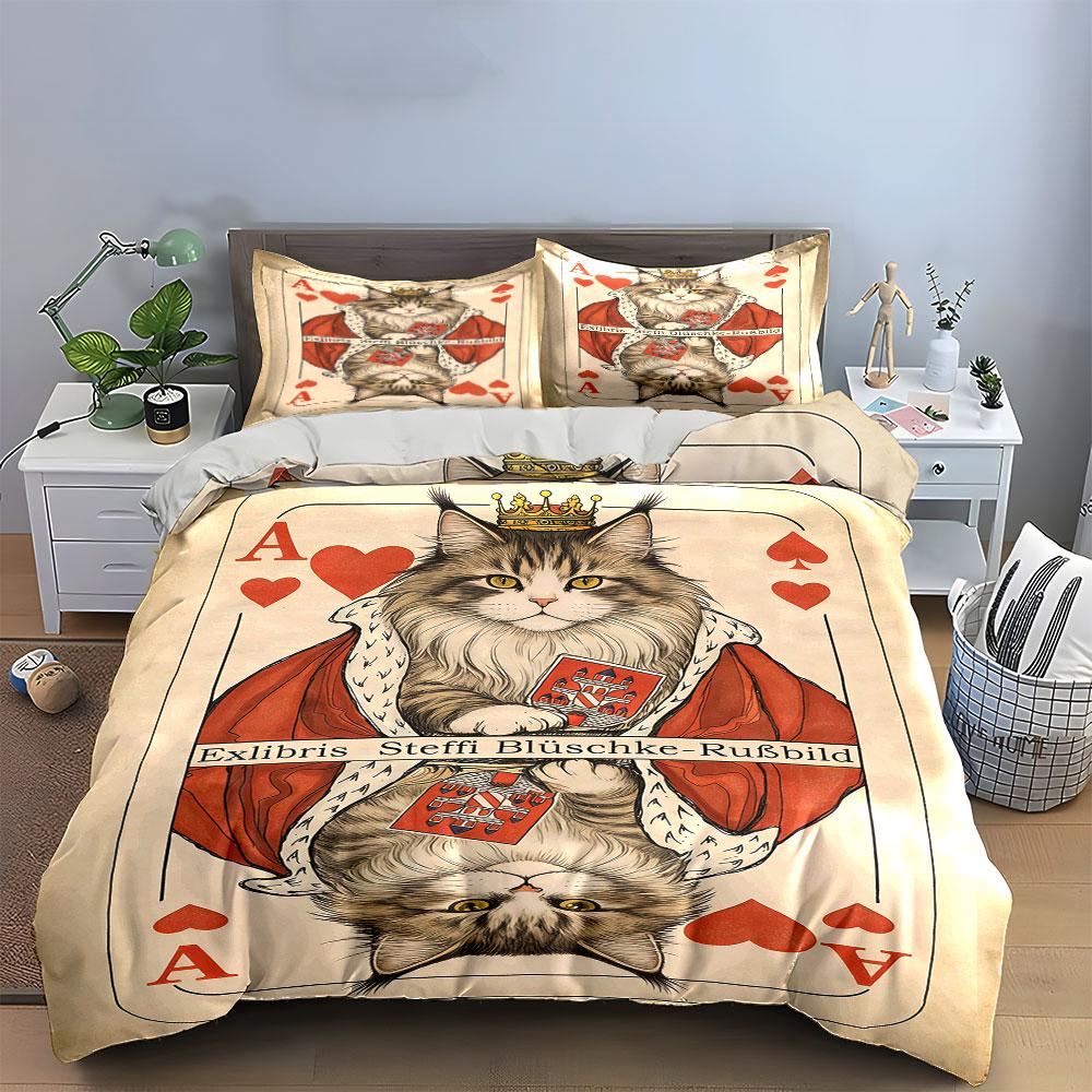 Crowned cat playing card. Bedding sets Duvet cover sets Duvet covers Pillowcases(1 * Duvet Cover 2 * Pillowcases without duvet insert)