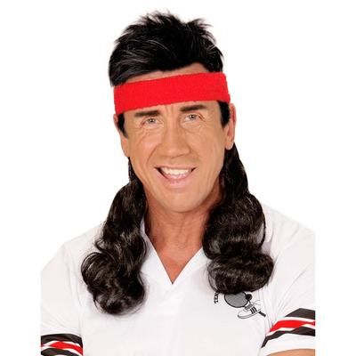Černá-červená páska na vlasy s parukou mullet 80. let