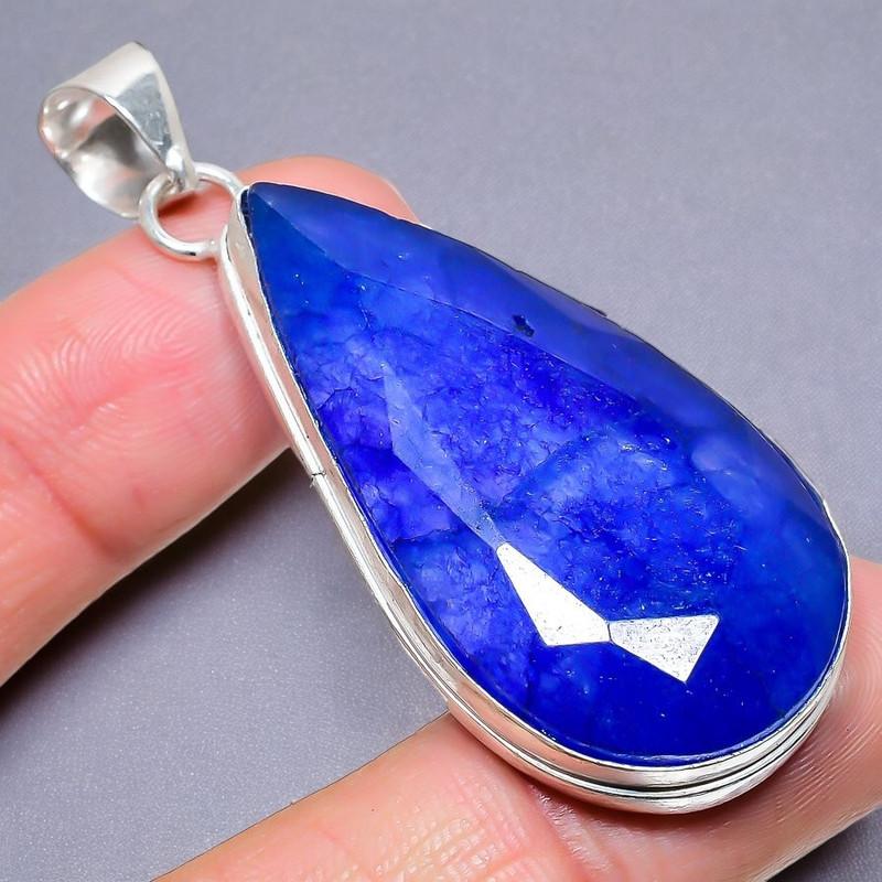 Sapphire(Simulated) Gemstone Handmade 925 Sterling Silver Jewelry Pendant 2.17" AH-912