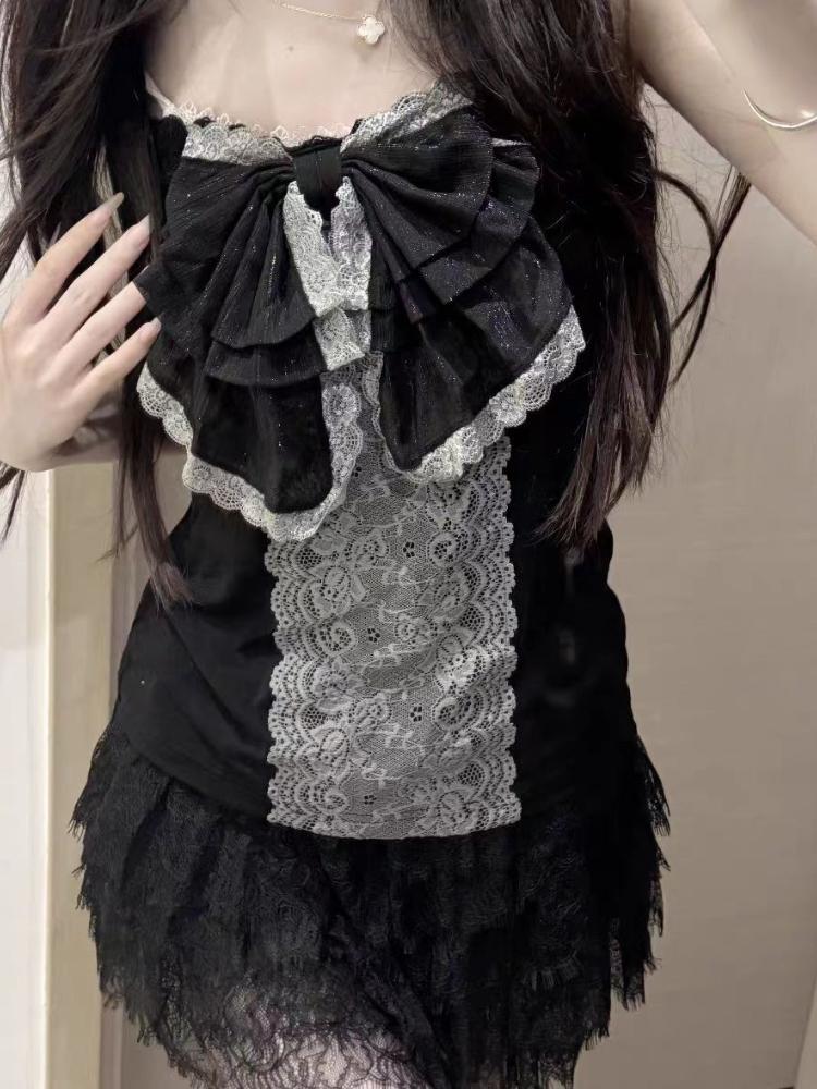 Summer France Bow Vintage Slim Sling Tops Women Casual Sweet Sleeveless Off Shoulder Vest Hot Girl Y2k Patchwork Lace Sexy Top