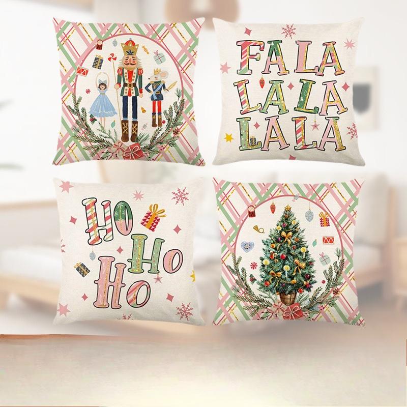 4pcs Autumn Winter Christmas Home Holiday Festive Decoration Cute Printed Sofa Cushion Linen Pillow Cover
