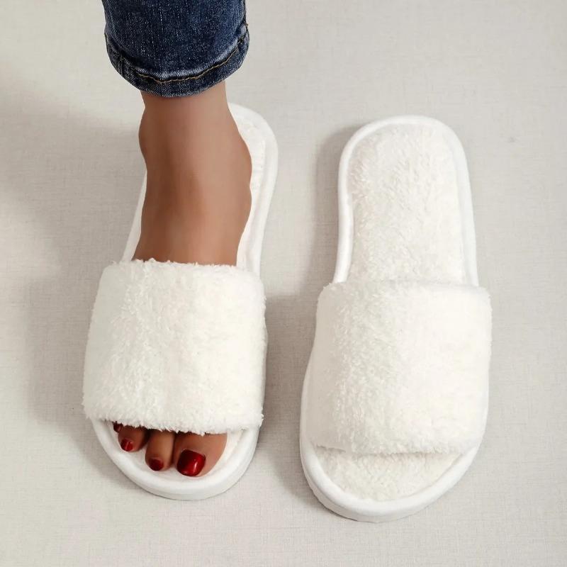 Four Seasons New Women's Home Slippers Slides Sandals Shoes White Fur Warm Plush Comfortable Lightweight Flat