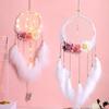 Wall Hanging Dream Catcher Pendant with Feathers with Flowers Feather Wind Chime with LED String Round Shape Night Light Home