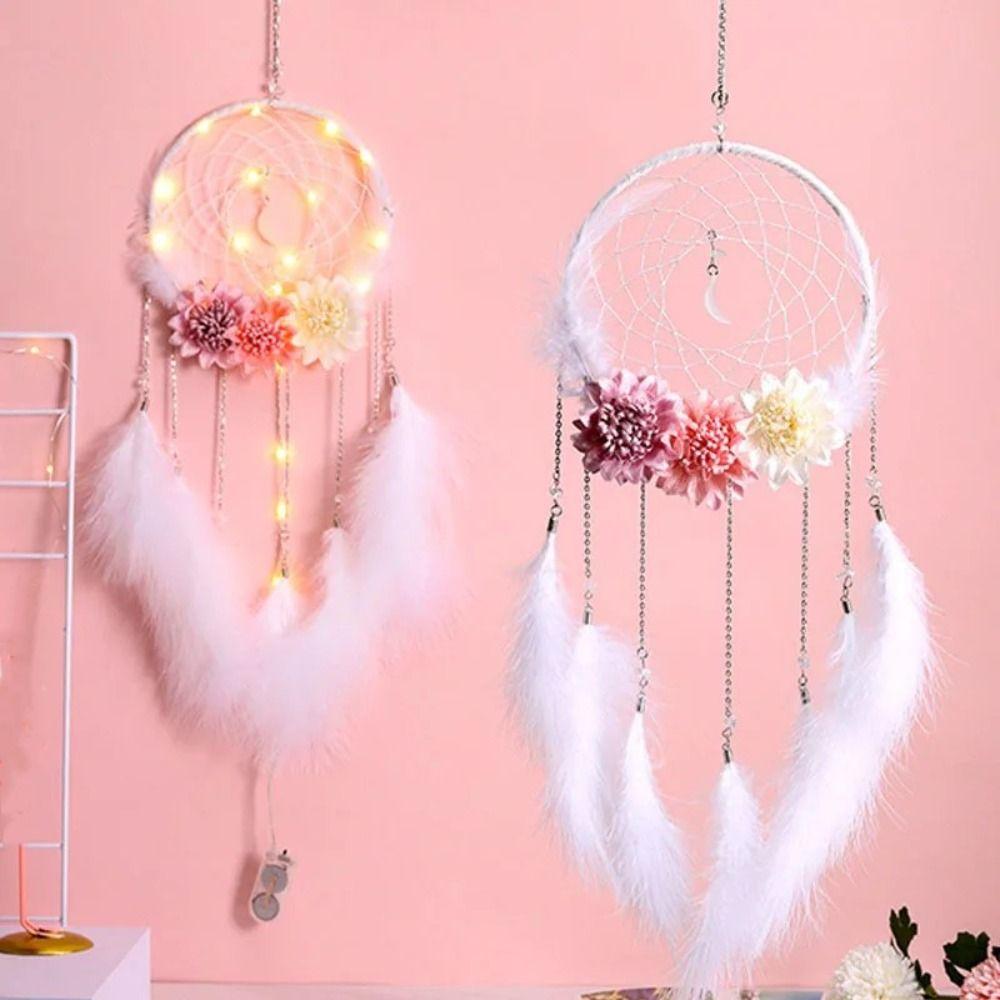 Wall Hanging Dream Catcher Pendant with Feathers with Flowers Feather Wind Chime with LED String Round Shape Night Light Home