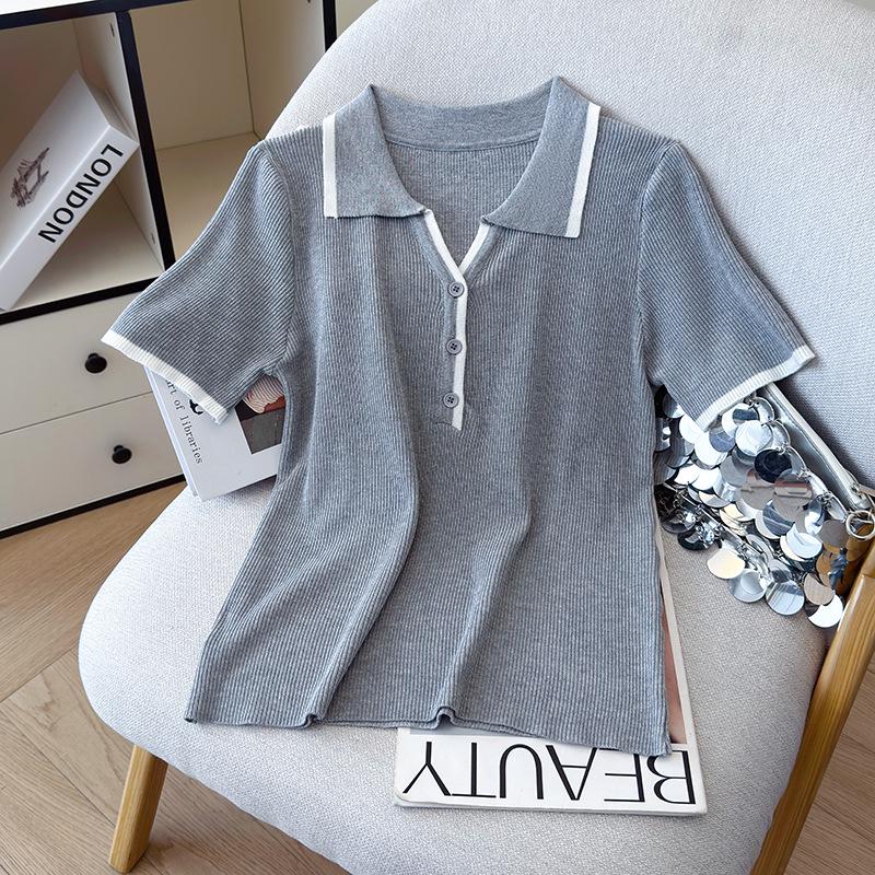 

2026 Summer College Style Color Block Polo Knit Sweater - Slimming, Simple, and Chic One Size сірий колір