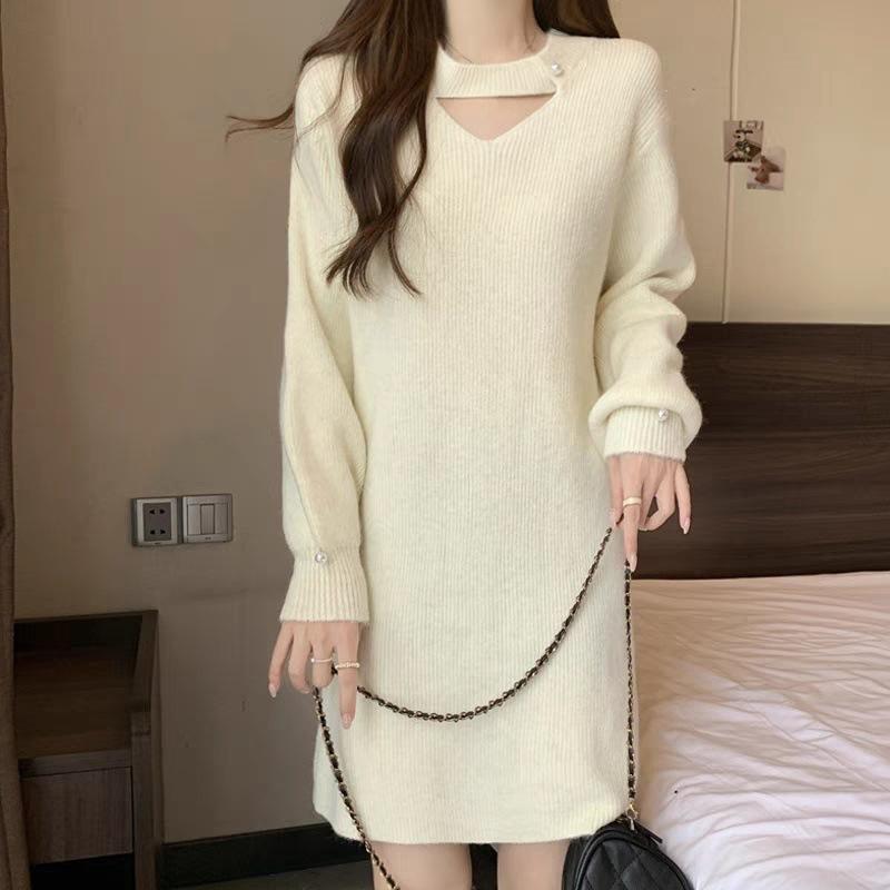 

2023 Autumn/Winter Mid-Length Wool Dress: Loose, Slimming, Thickened Knit Over-Hip Style for Women S (85-95 lbs suggested)