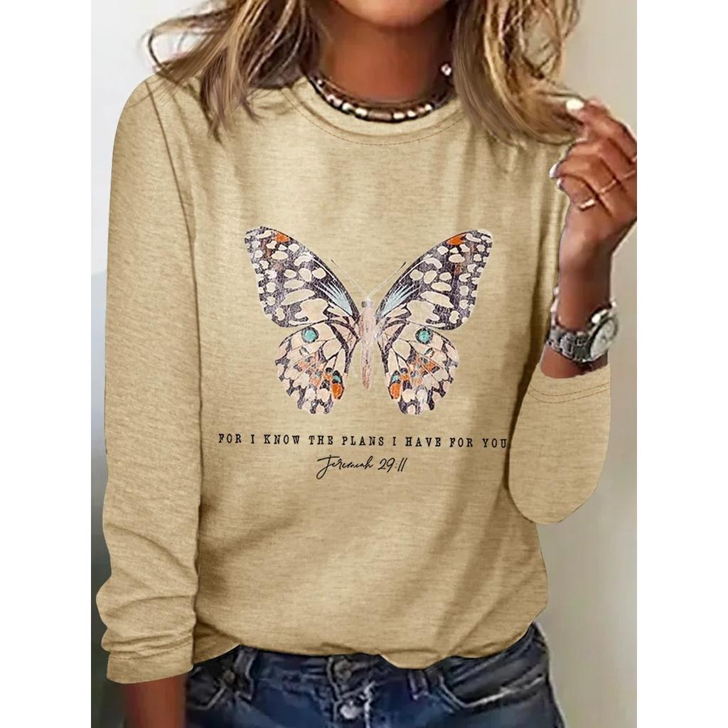 Round Neck 3D Printed Butterfly Pattern Top Fashionable Casual Long Sleeved Women's T-shirts