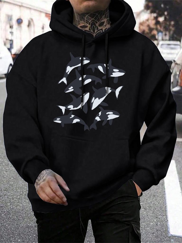 Seven Whales Playing Together Print Men Hoody Hip Hop Pocket Casual Hoodies Autumn All-Match Clothes Fleece Man Retro Hoodie
