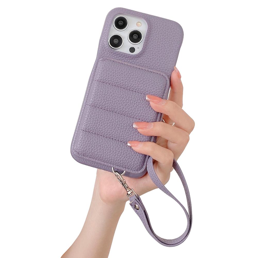 For iPhone 15 Pro Case Card Slots Kickstand PU Leather+PET Phone Cover with Wrist Strap