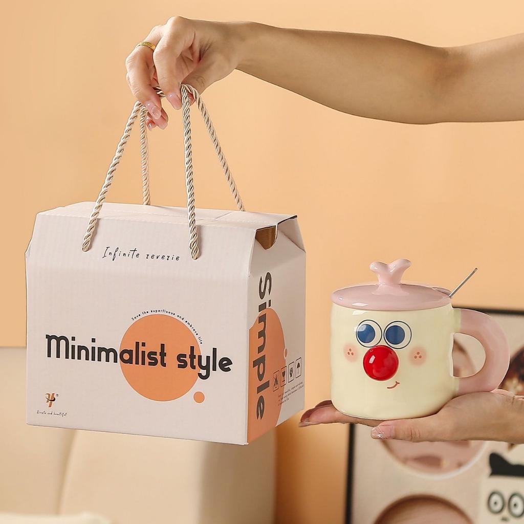 Niedliche Cartoon Keramik Wasserbecher Paar Tassen mit Deckel Lustige Ausdruck Tassen Praktische Geschenkbecher für Mädchen