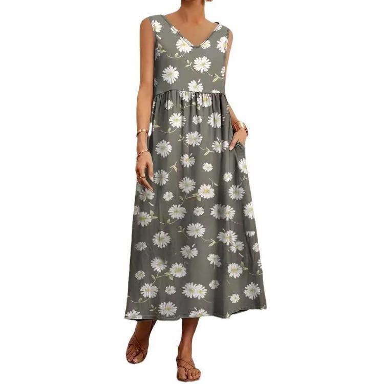 Elegante Vestito Estivo Vintage da Donna Comodo Ampio Lungo con Tasca Harajuku Scollo a O Manica Corta Monocolore