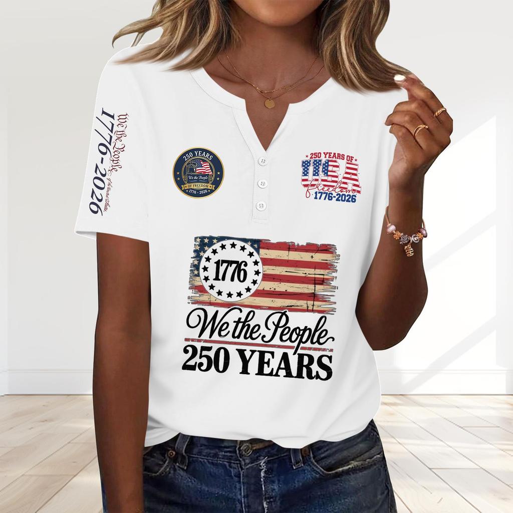 Women's Fashion Casual 250th Anniversary Independence Day Print V-Neck Short Sleeve Decorated Button-Up T-Shirt