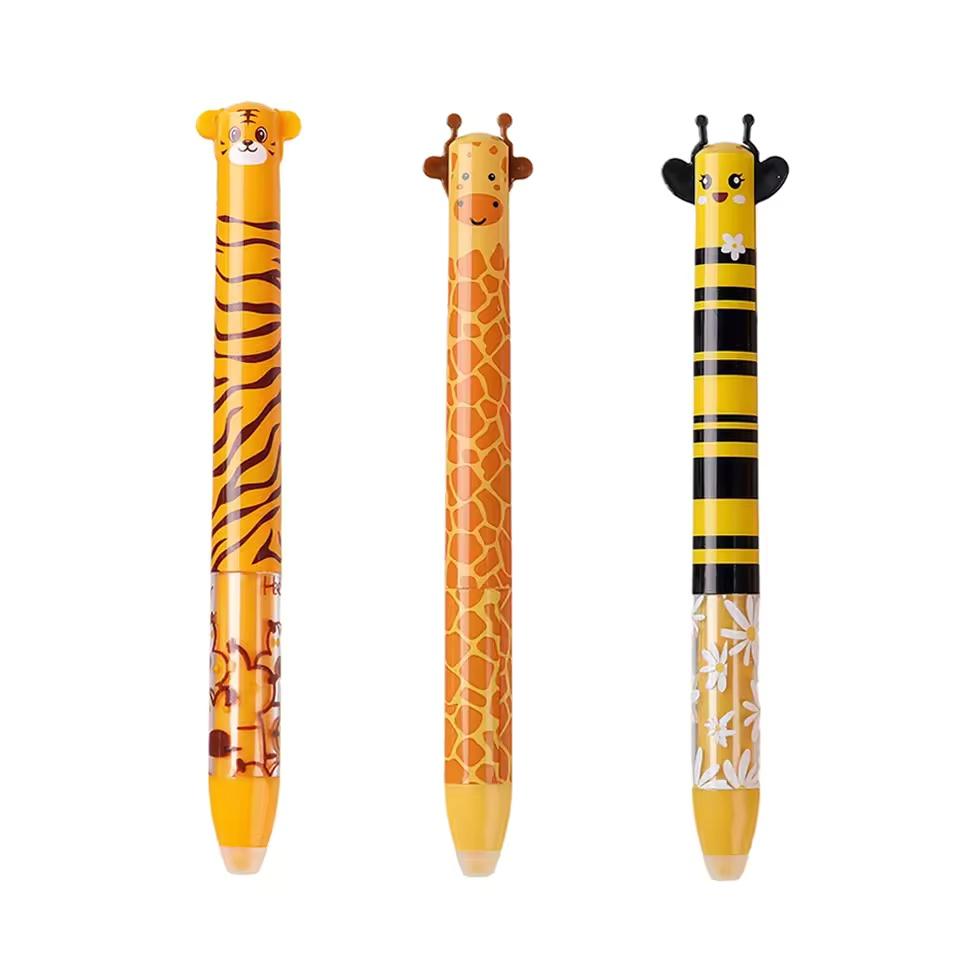 2 In 1 Erasable Gel Pen Cartoon Animals 0.5mm Blue Red Magic Ink Smooth Writing Washable Handle Office School Writing Stationery